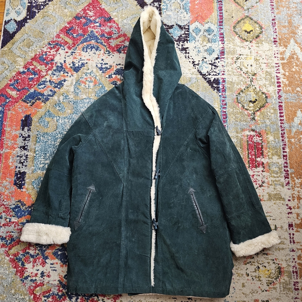 Cooper Sportswear Coat Womens XL Green Suede Toggle Buttons Faux Fur Accents